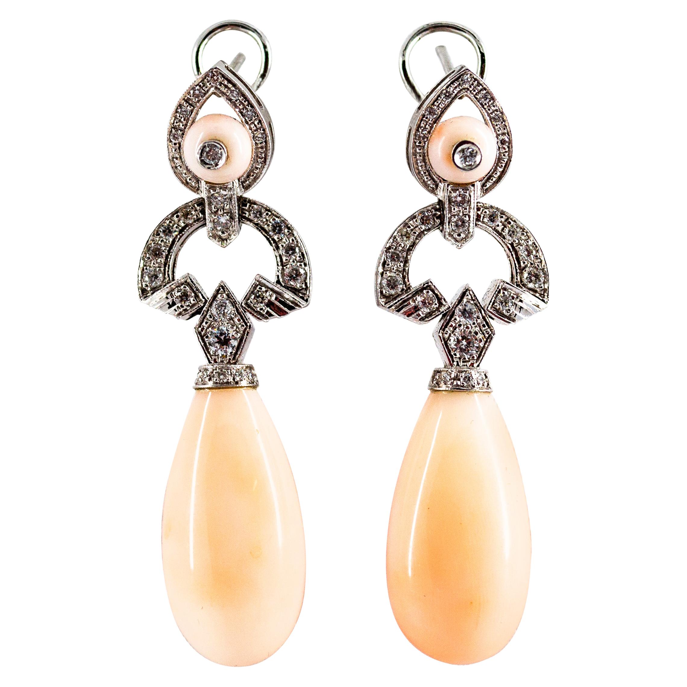 Art Deco Style 0.90 Carat White Diamond Pink Coral White Gold Clip-On Earrings For Sale