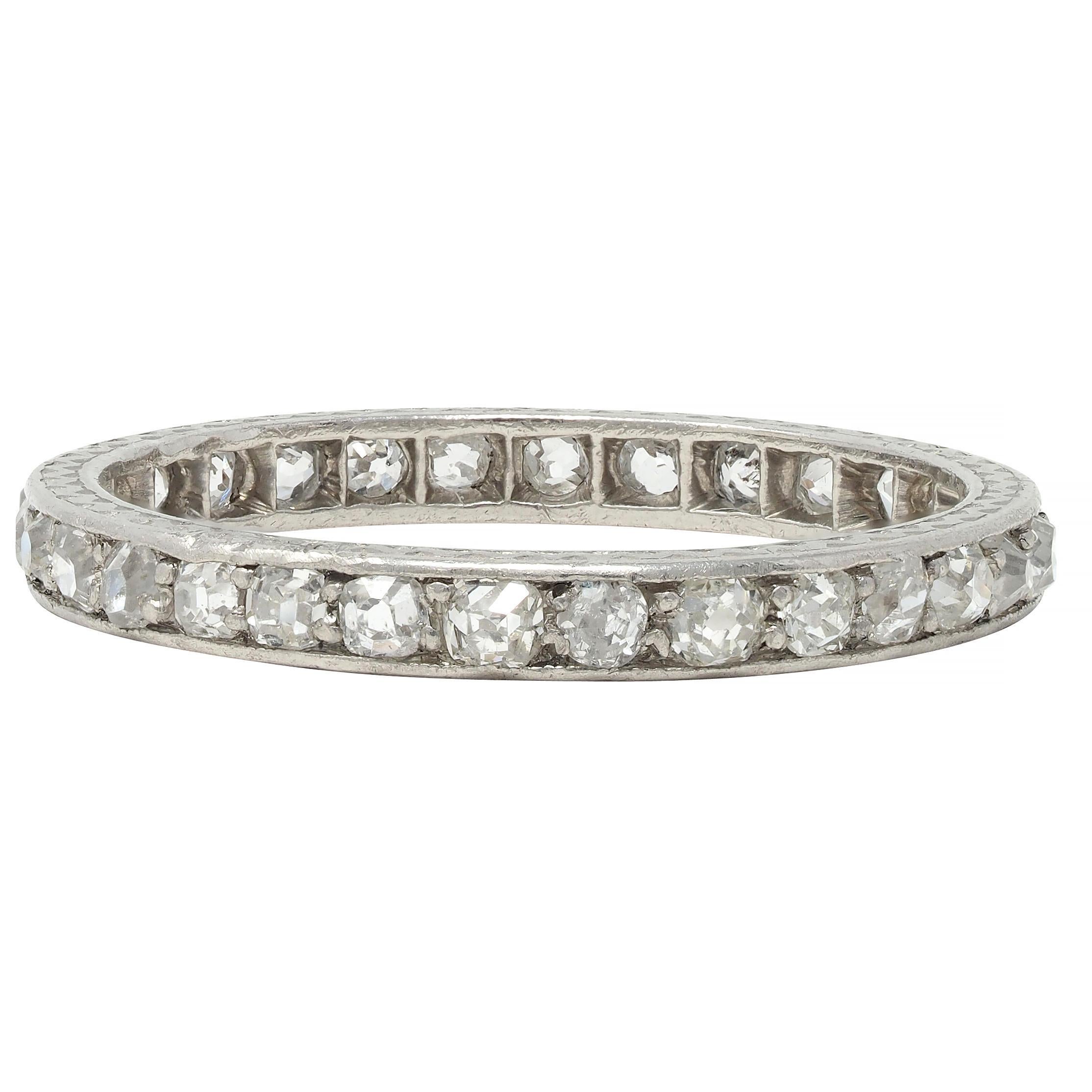 Single Cut Art Deco 0.90 CTW Diamond Platinum Vintage Eternity Wedding Band Ring For Sale