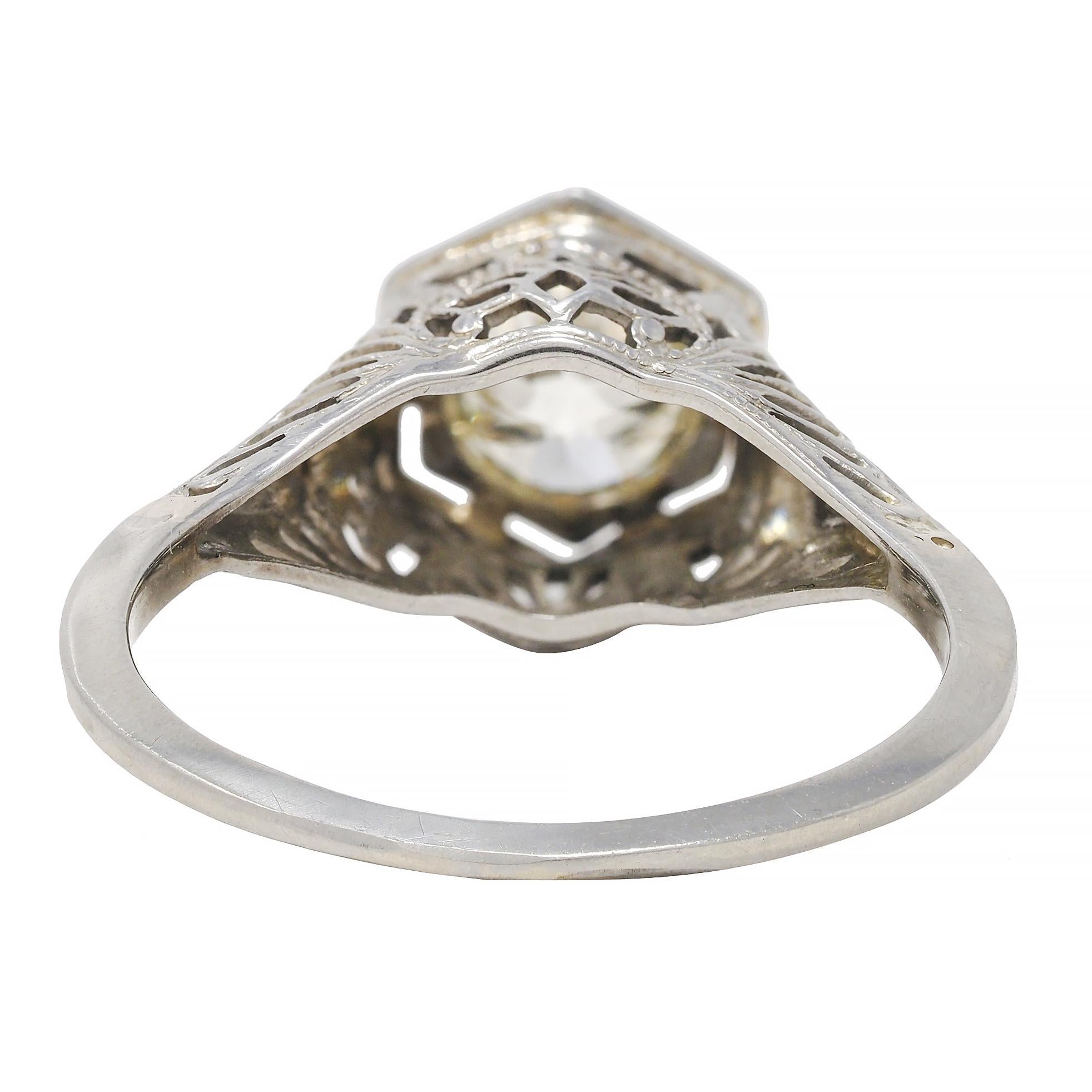 Old European Cut Art Deco 0.90 CTW Old European Diamond Platinum Fan Vintage Engagement Ring For Sale