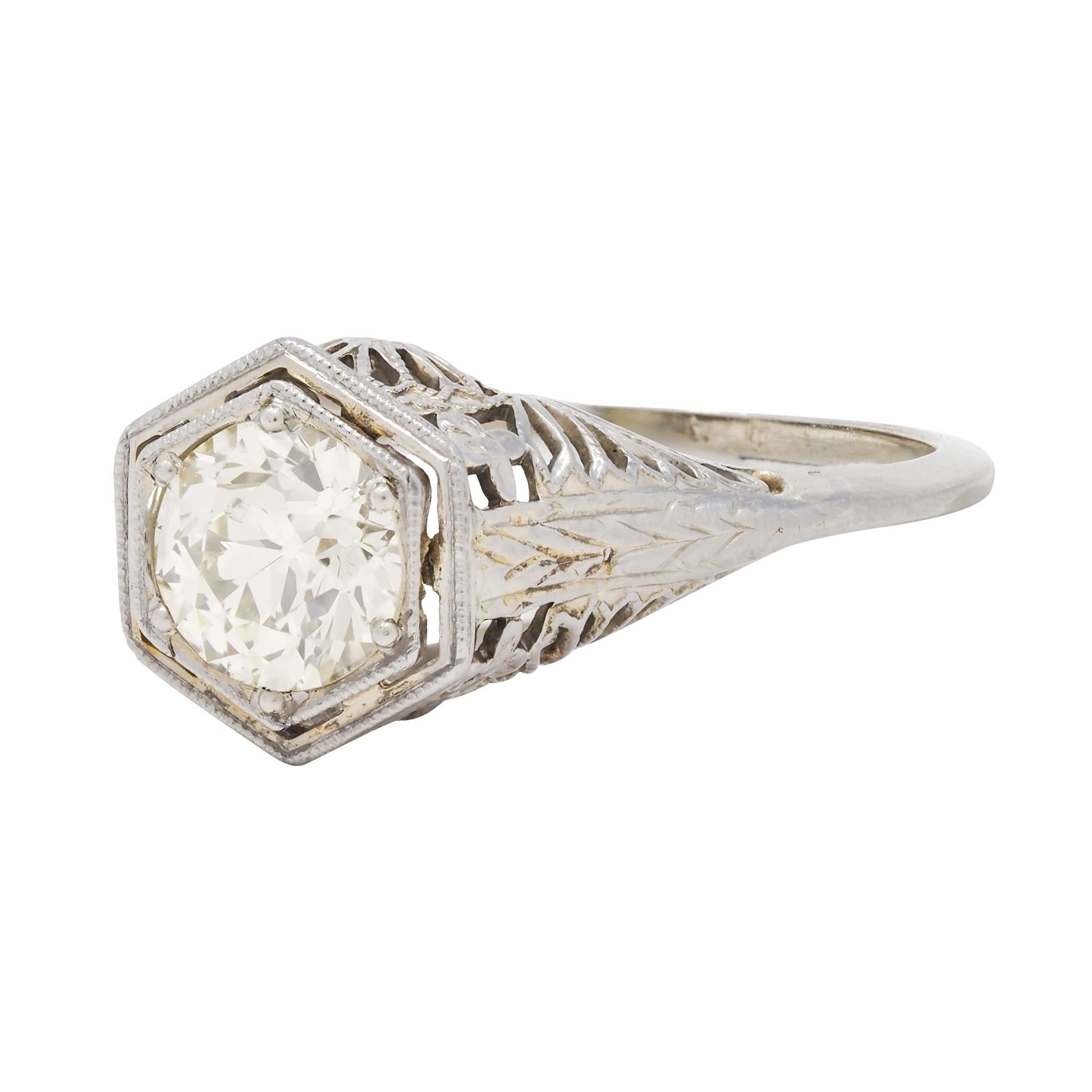 Women's or Men's Art Deco 0.90 CTW Old European Diamond Platinum Fan Vintage Engagement Ring For Sale