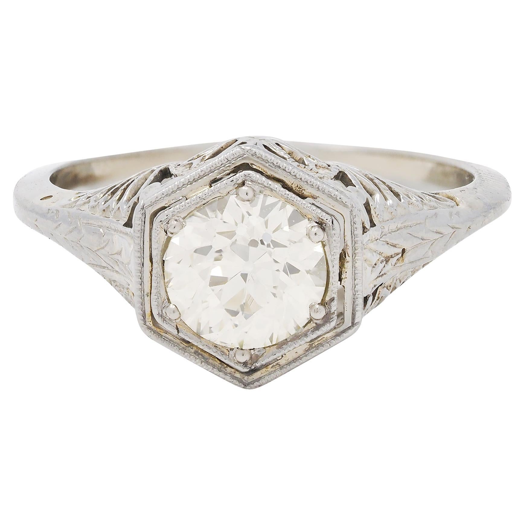 Art Deco 0.90 CTW Old European Diamond Platinum Fan Vintage Engagement Ring