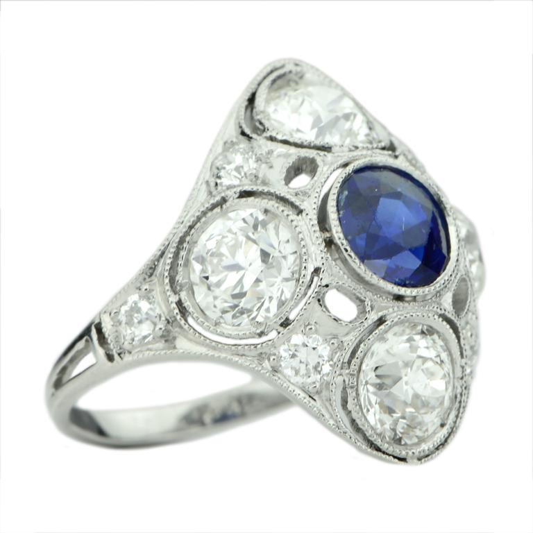Real Art Deco 0.90ct Rd Blue Sapphire & 2.08cts (approx.) Diamond Platinum Ring For Sale