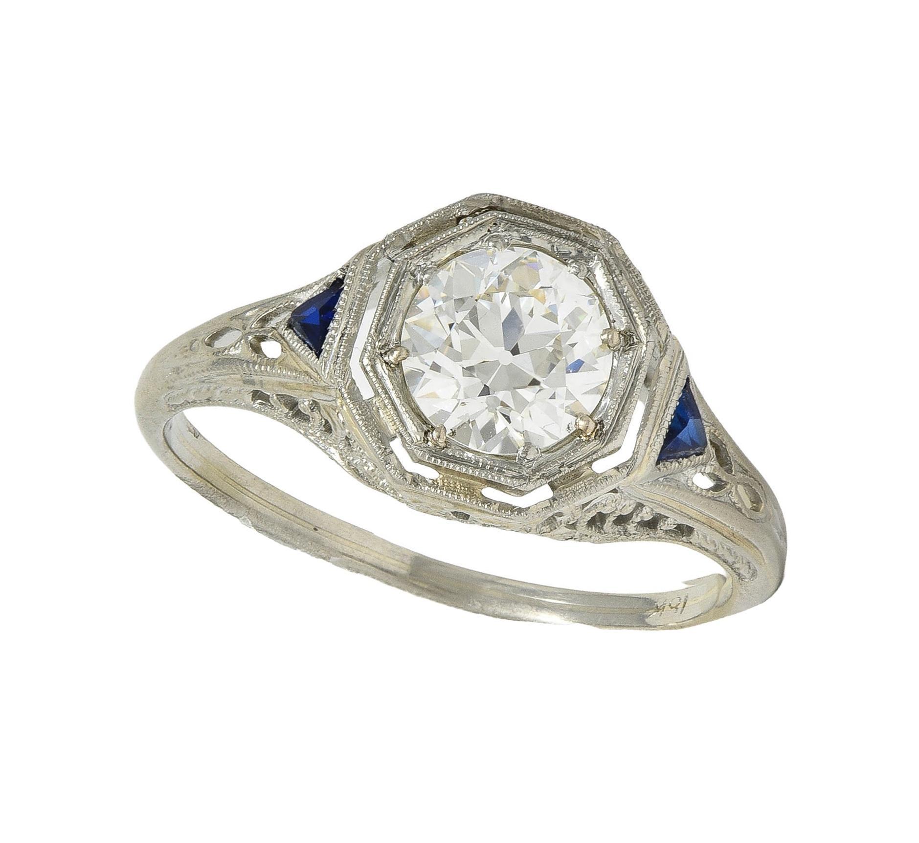 Art Deco 0.91 CTW OEC Diamond Sapphire 18 Karat Gold Vintage Engagement Ring GIA 6
