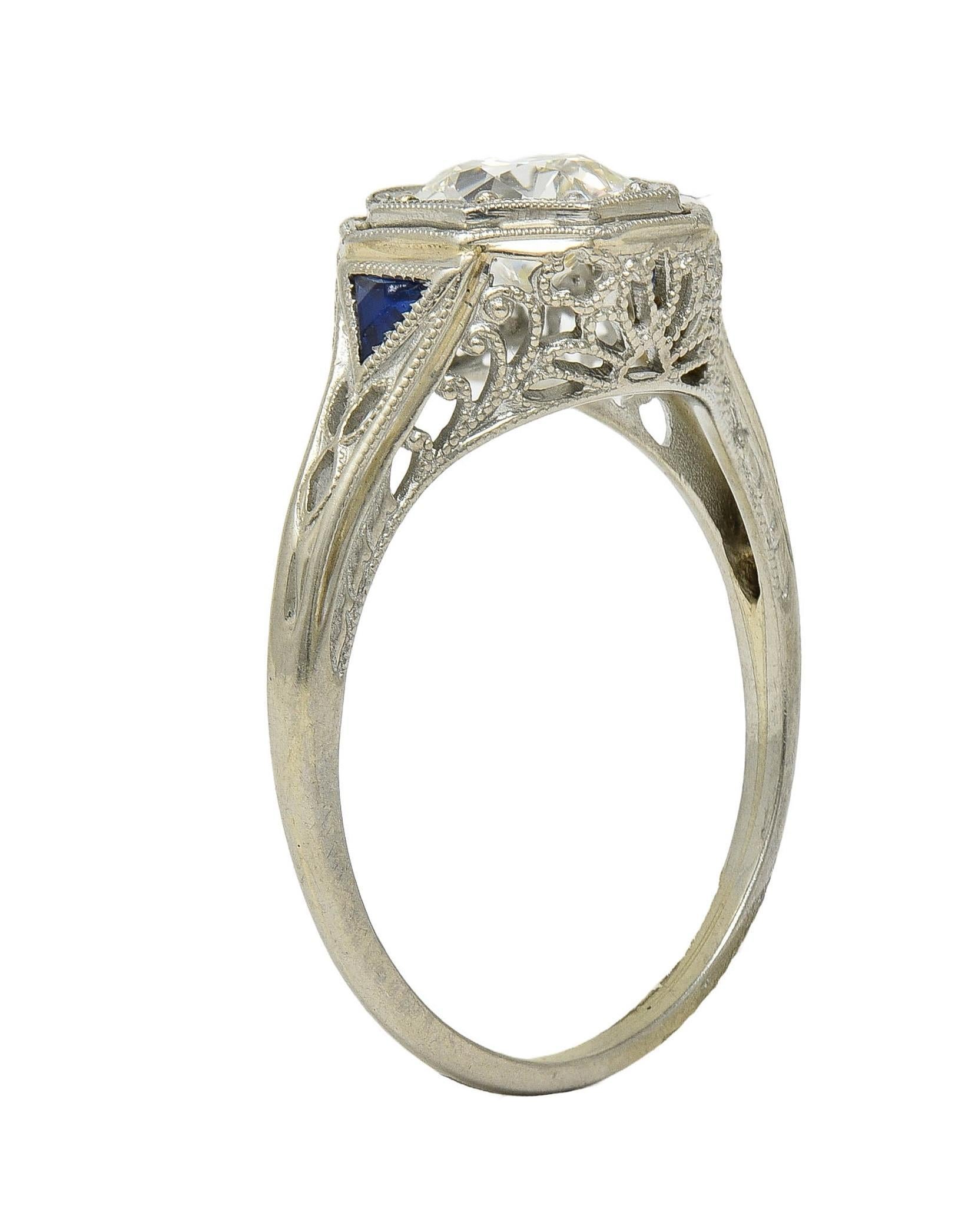Art Deco 0.91 CTW OEC Diamond Sapphire 18 Karat Gold Vintage Engagement Ring GIA In Excellent Condition In Philadelphia, PA