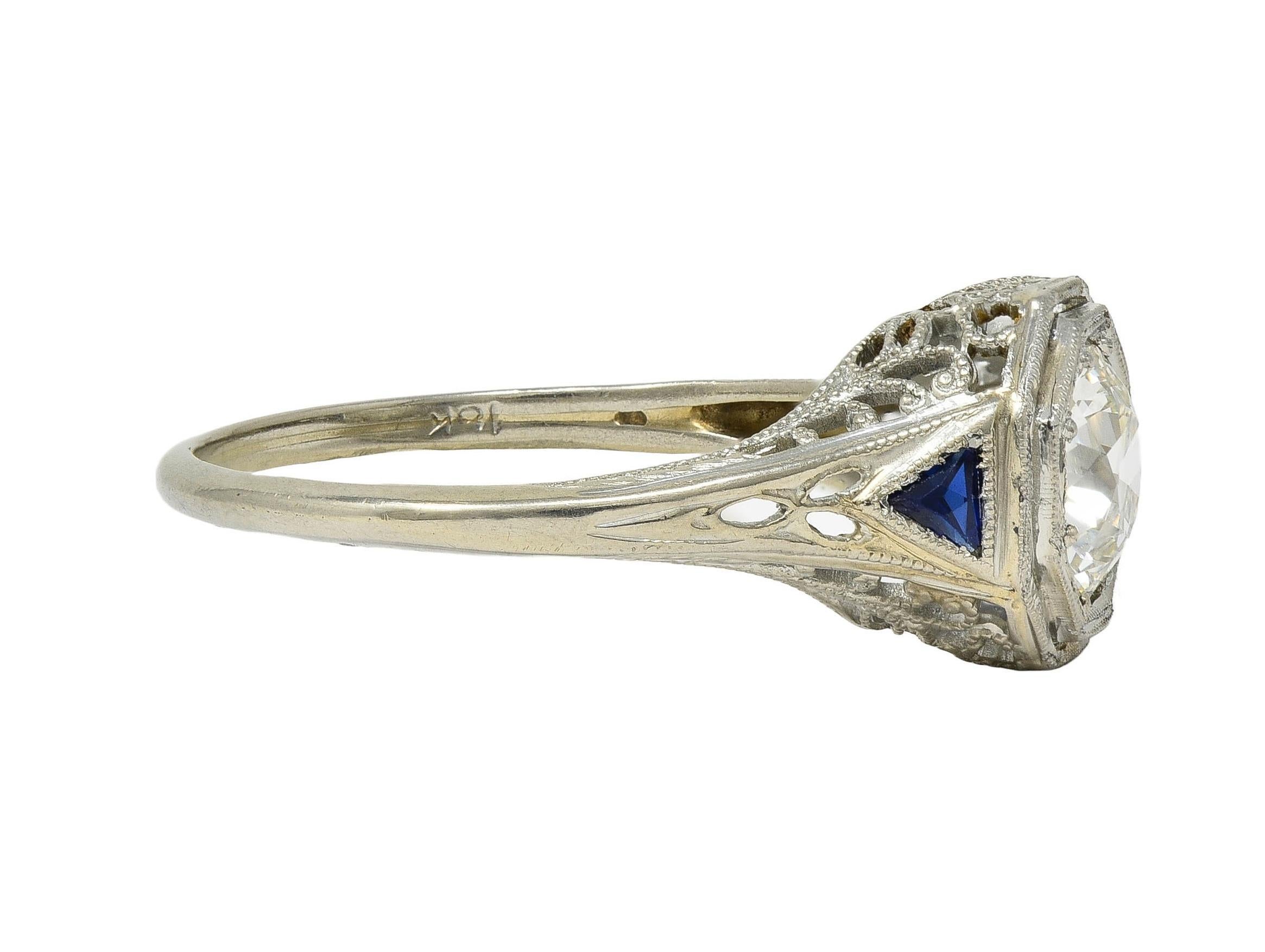 Women's or Men's Art Deco 0.91 CTW OEC Diamond Sapphire 18 Karat Gold Vintage Engagement Ring GIA