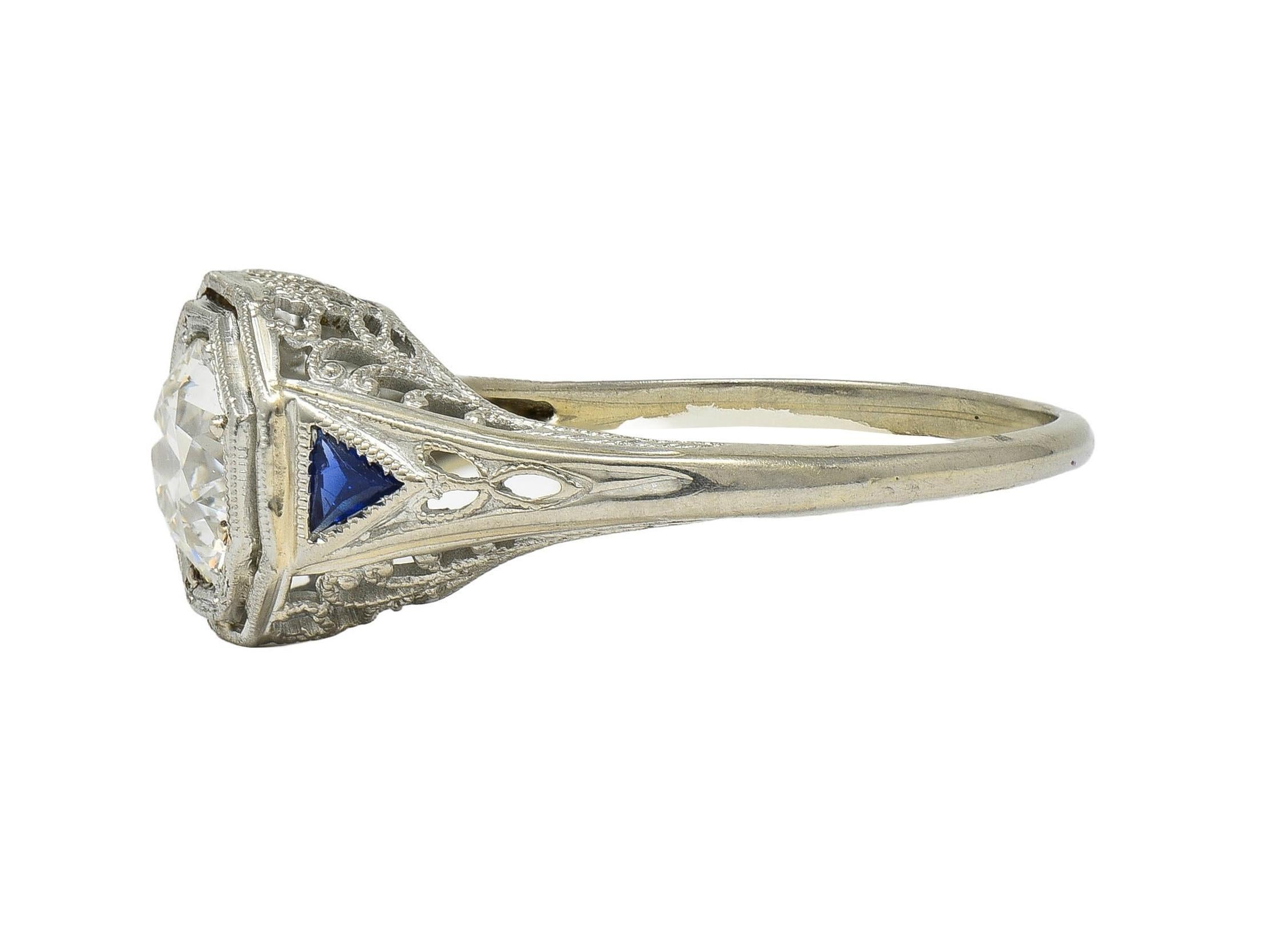 Art Deco 0.91 CTW OEC Diamond Sapphire 18 Karat Gold Vintage Engagement Ring GIA 2