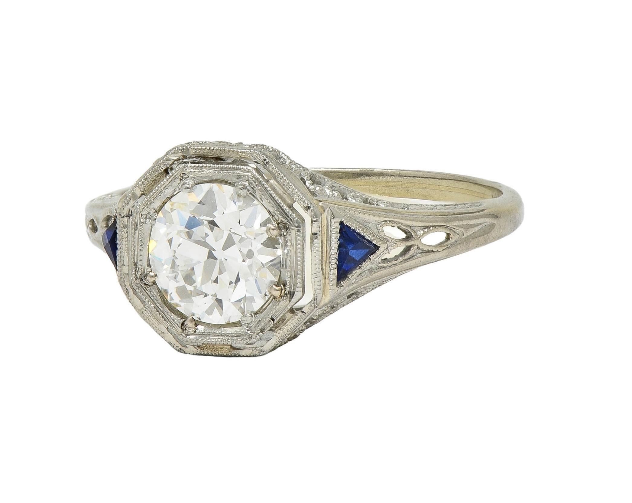 Art Deco 0.91 CTW OEC Diamond Sapphire 18 Karat Gold Vintage Engagement Ring GIA 3
