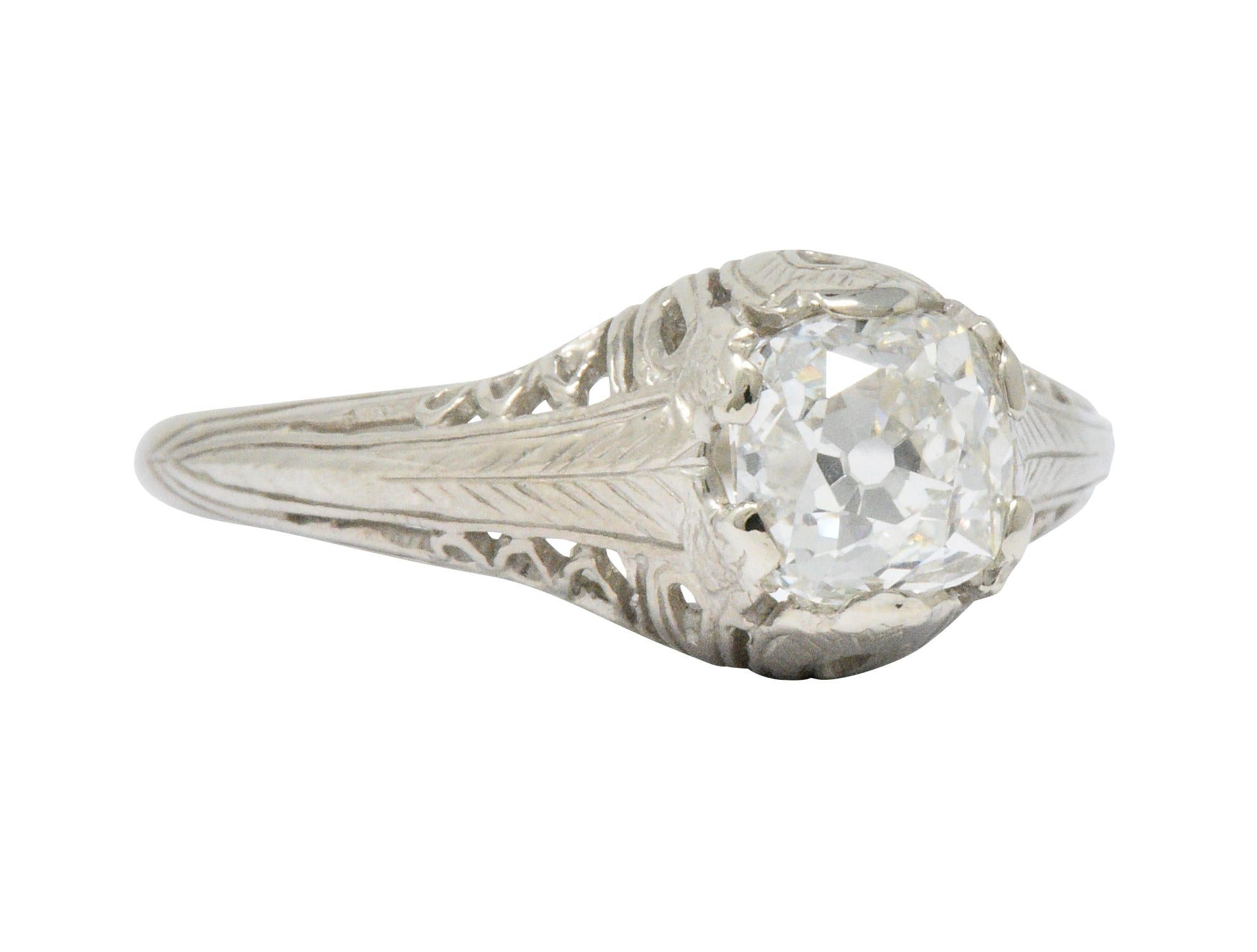 Art Deco 0.92 Carat Old Mine Diamond 18 Karat White Gold Engagement Ring GIA 3