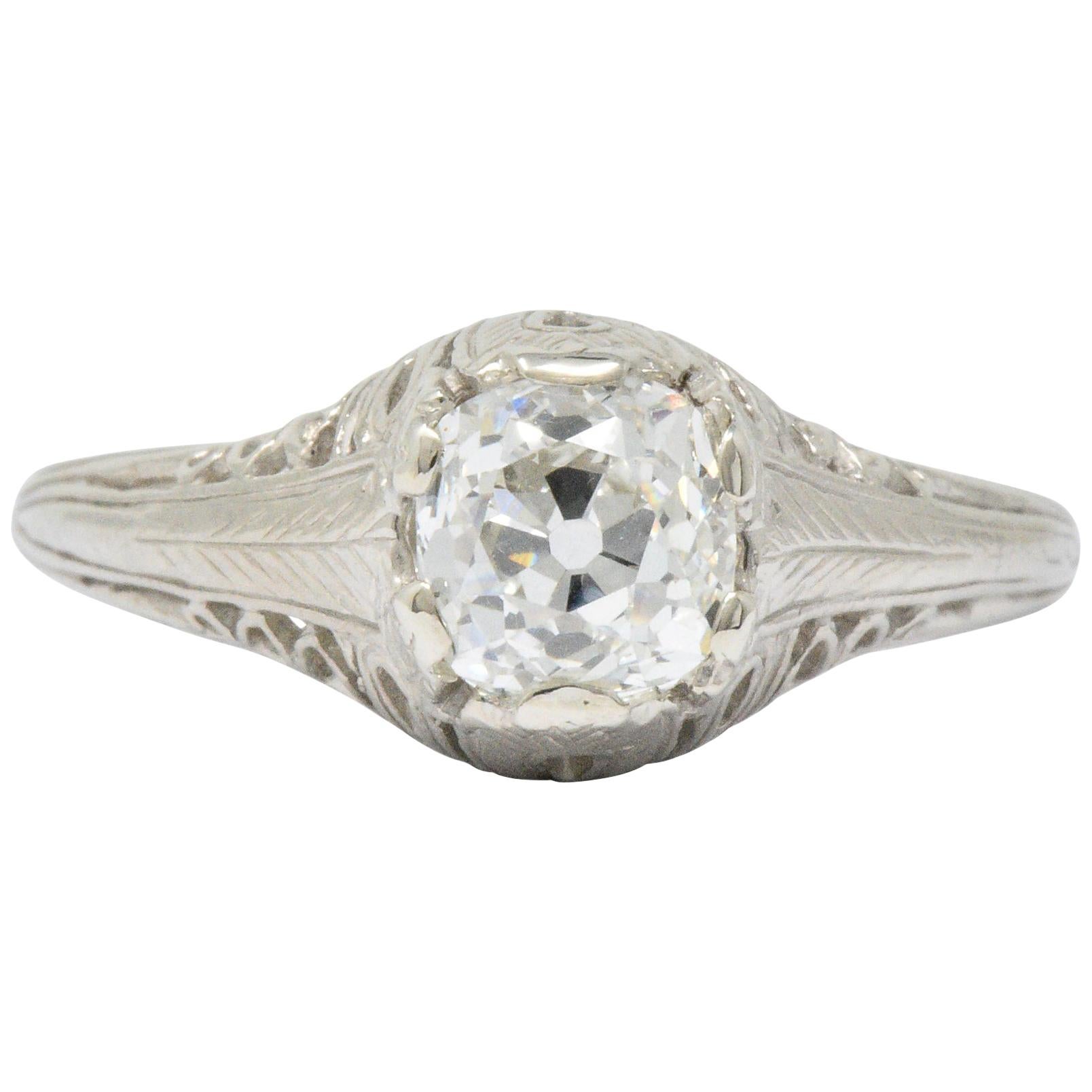 Art Deco 0.92 Carat Old Mine Diamond 18 Karat White Gold Engagement Ring GIA
