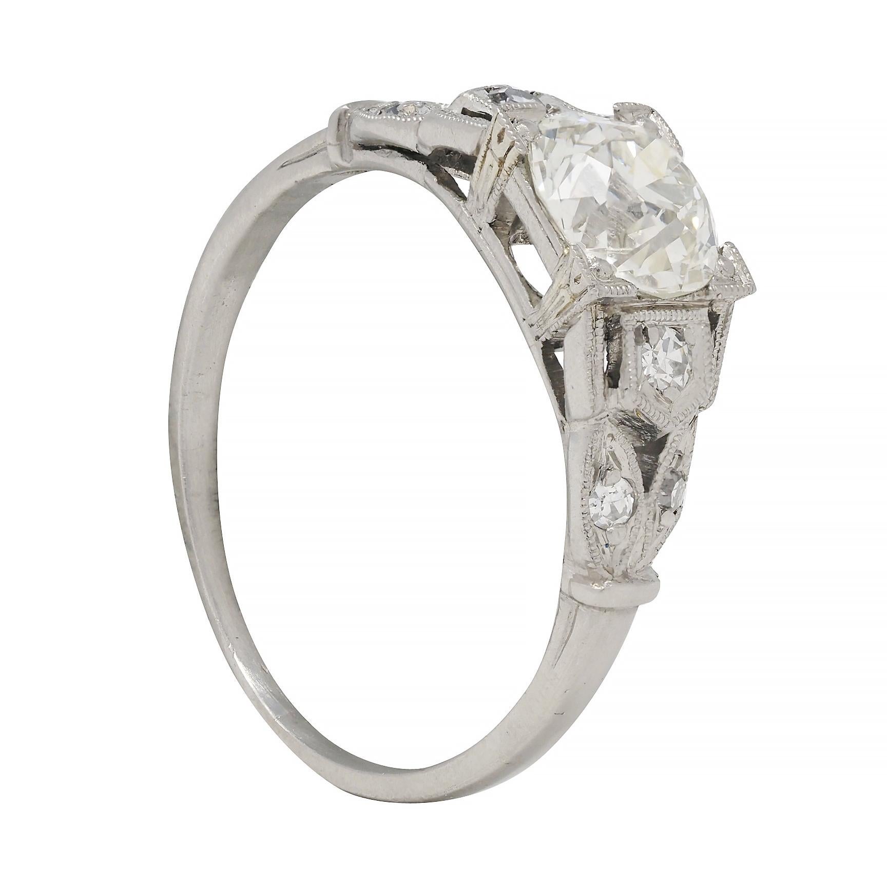 Art Deco 0.92 CTW Diamond Platinum Lotus Vintage Engagement Ring For Sale 6