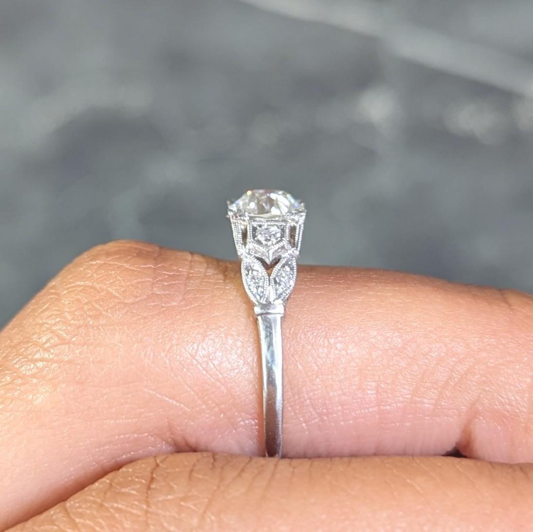 Art Deco 0.92 CTW Diamond Platinum Lotus Vintage Engagement Ring For Sale 9
