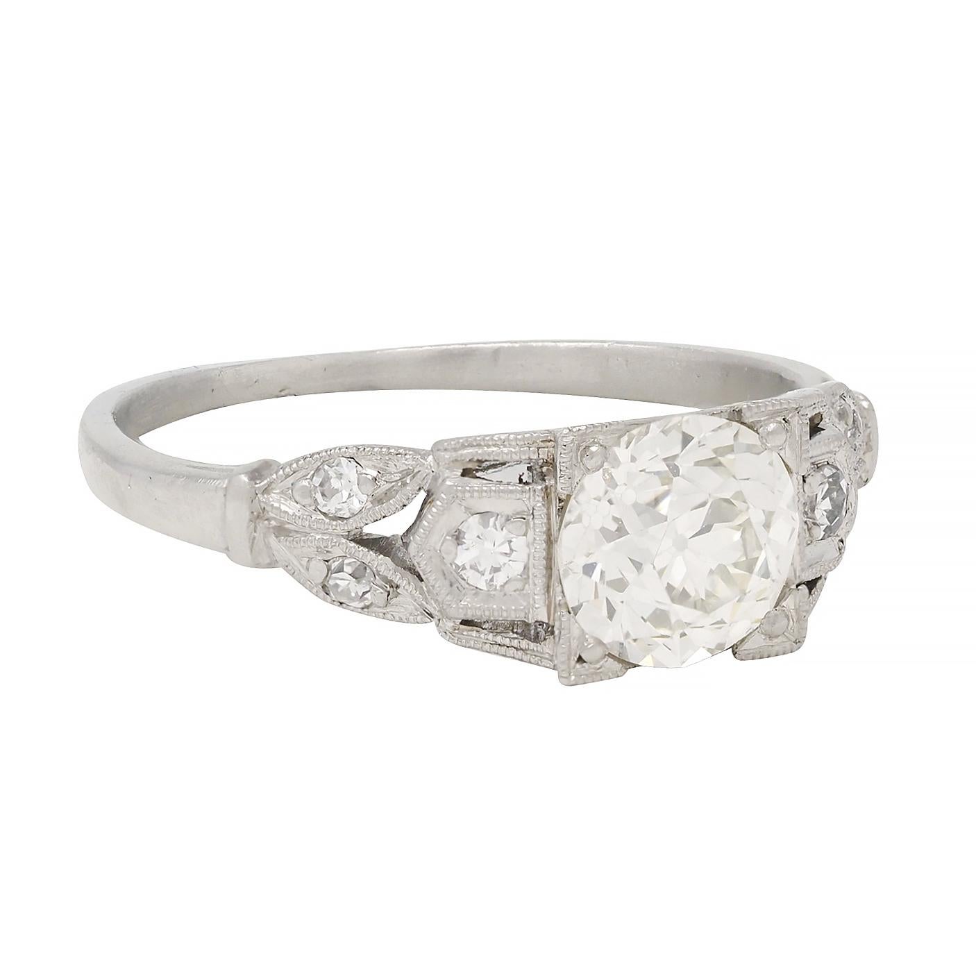 Old European Cut Art Deco 0.92 CTW Diamond Platinum Lotus Vintage Engagement Ring For Sale