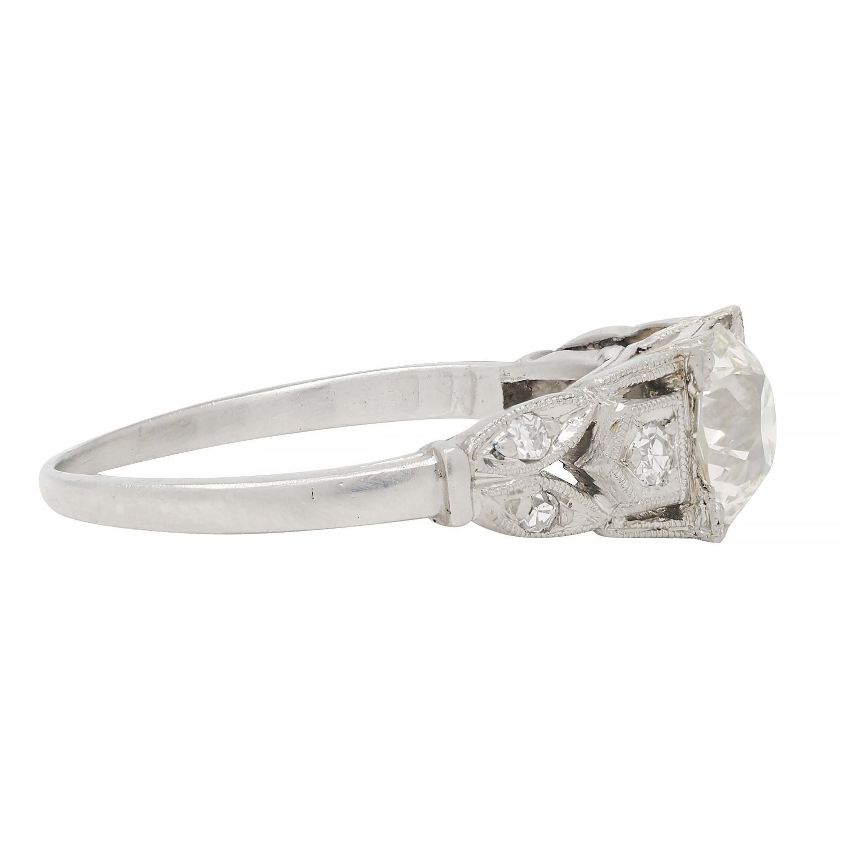 Art Deco 0.92 CTW Diamond Platinum Lotus Vintage Engagement Ring In Excellent Condition For Sale In Philadelphia, PA