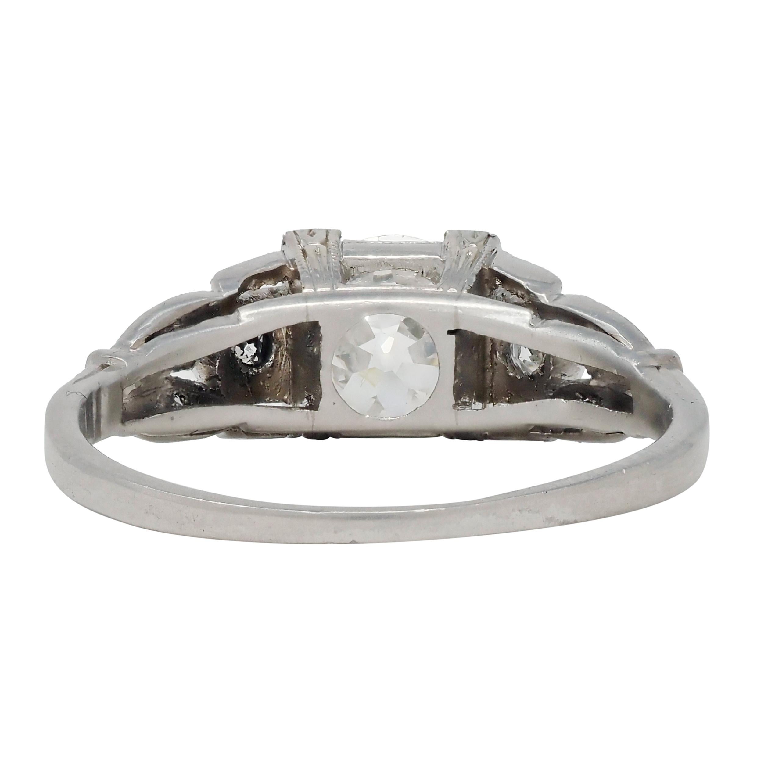 Women's or Men's Art Deco 0.92 CTW Diamond Platinum Lotus Vintage Engagement Ring For Sale