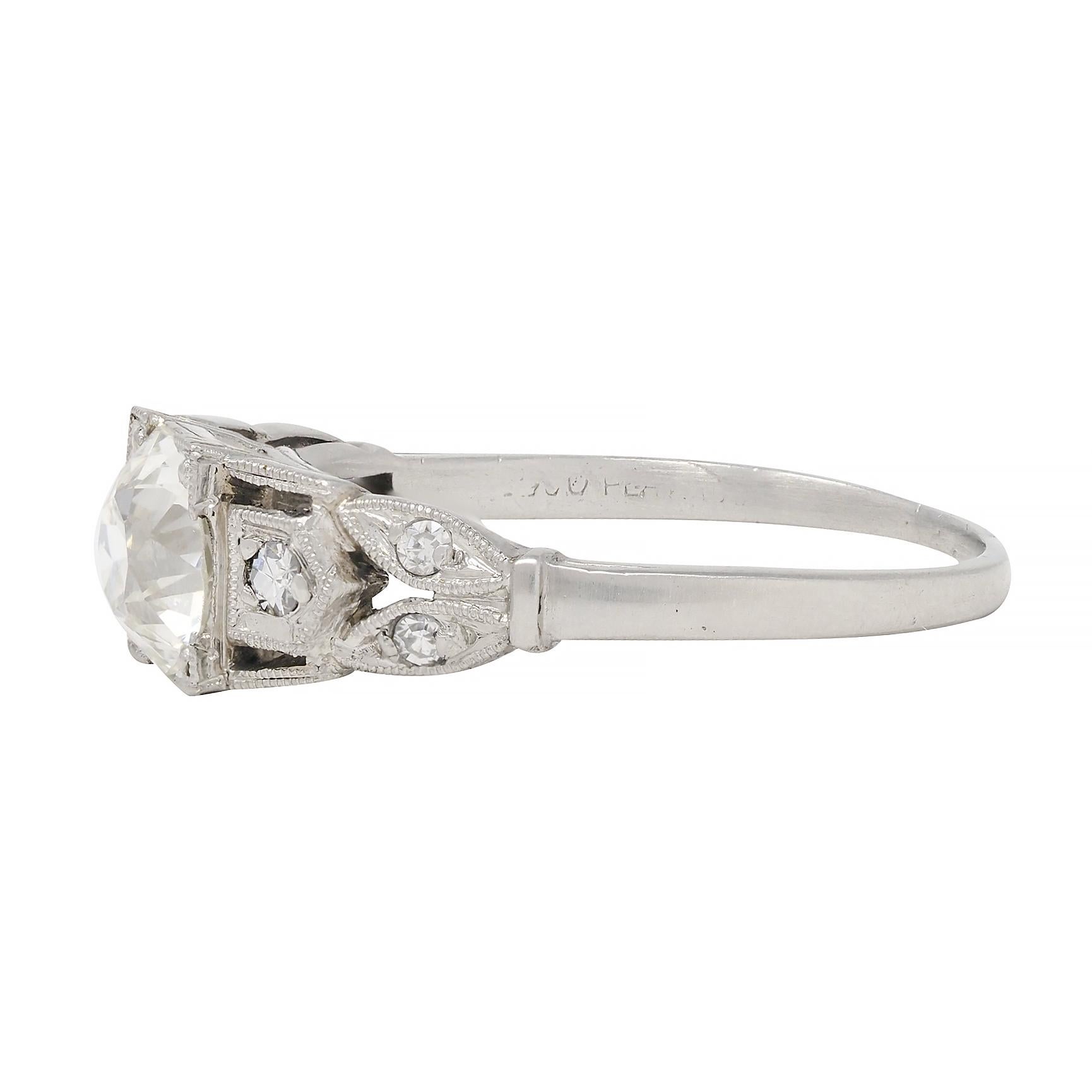 Art Deco 0.92 CTW Diamond Platinum Lotus Vintage Engagement Ring For Sale 1