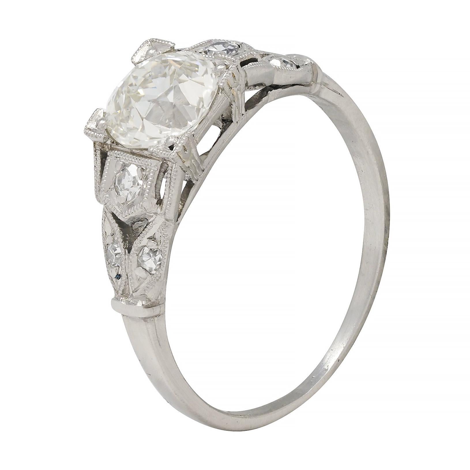 Art Deco 0.92 CTW Diamond Platinum Lotus Vintage Engagement Ring For Sale 4