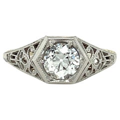 Art Deco 0.92ct Old European Cut Diamond Filigree Engagement Ring in 18k Gold