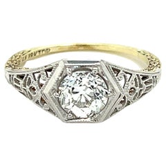 Art Deco 0.92ct Old European Cut Diamond Filigree Engagement Ring in 18k Gold