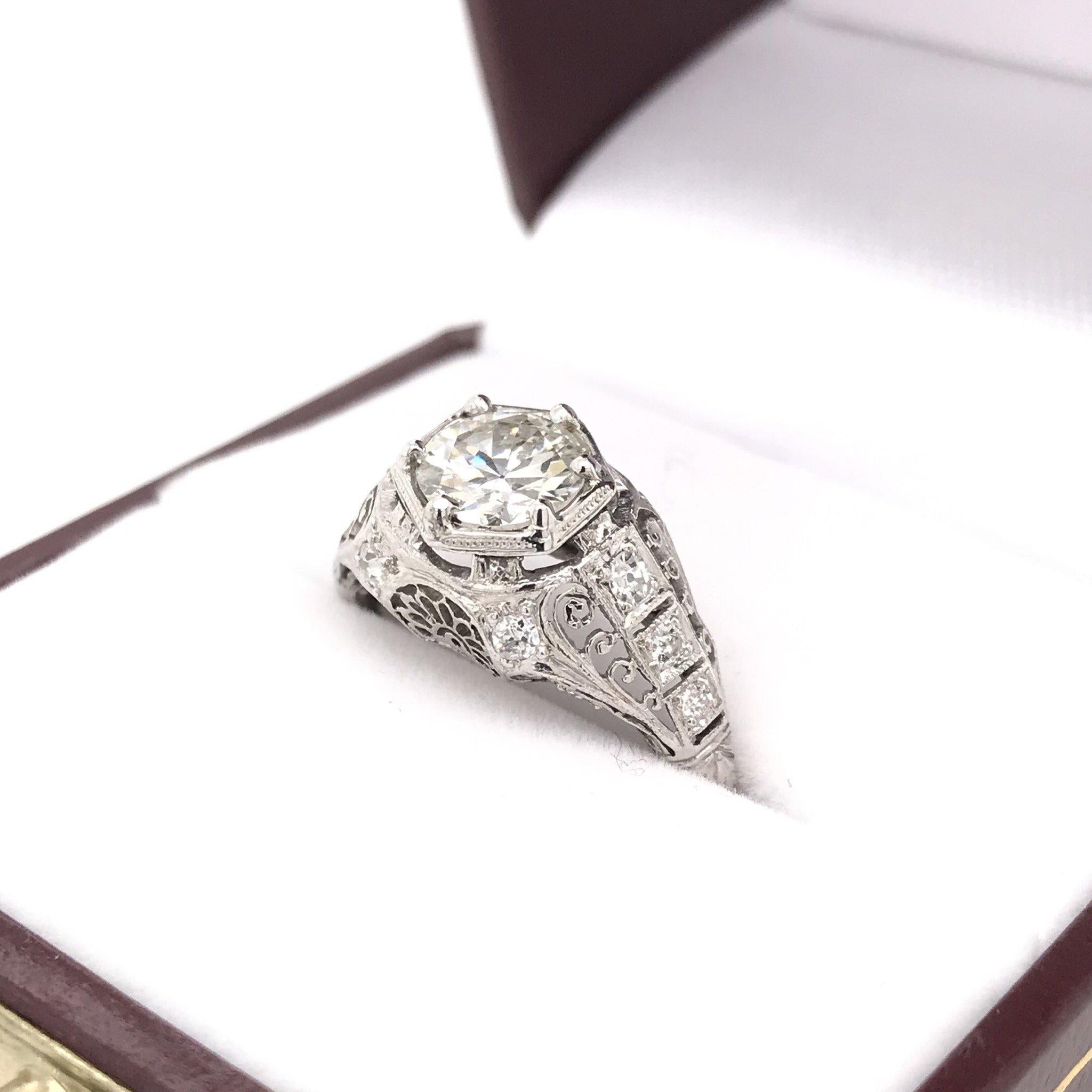 Old European Cut Art Deco 0.93 Carat Filigree Diamond Engagement Ring