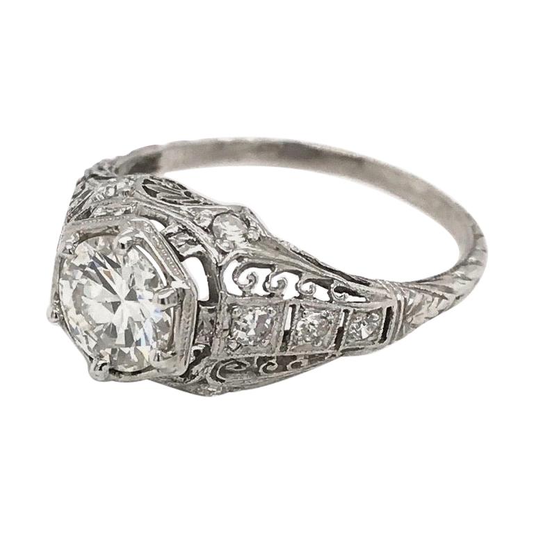 Art Deco 0.93 Carat Filigree Diamond Engagement Ring