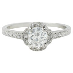 Art Deco 0.93 CTW Old Euro Diamond Platinum Quatrefoil Vintage Engagement Ring