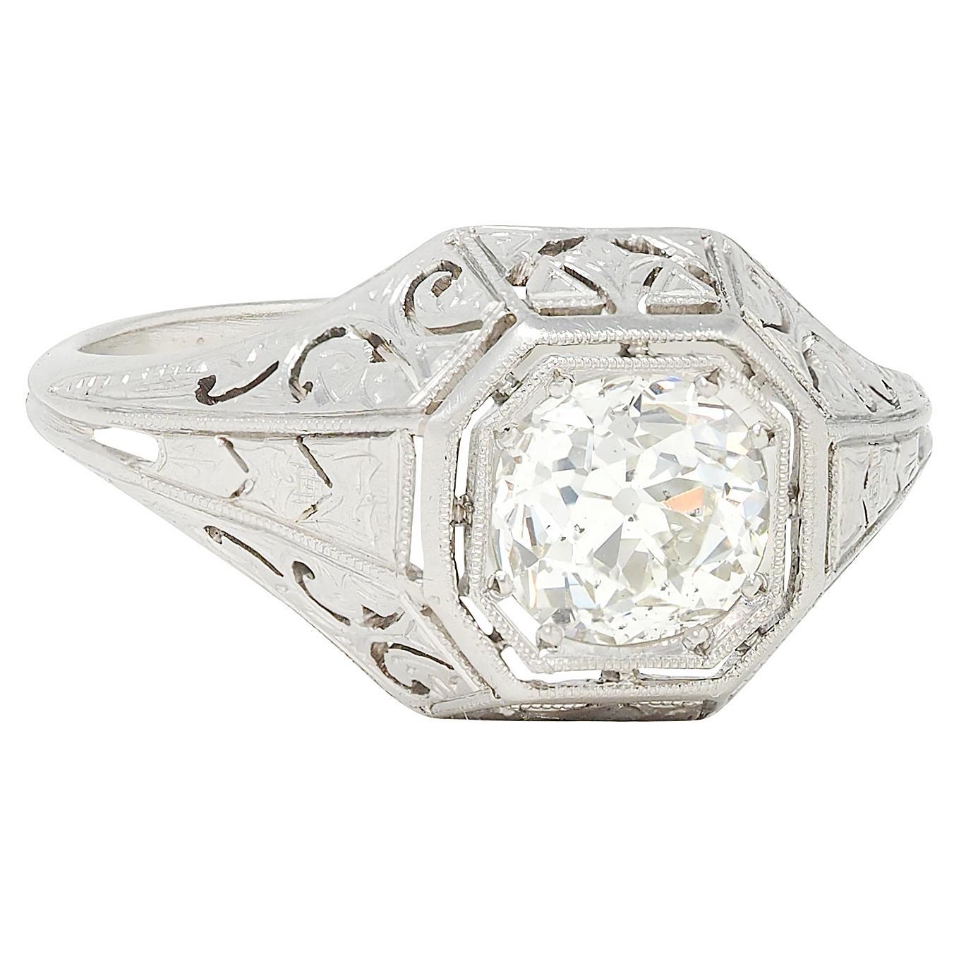 Anillo de compromiso Art Decó 0,93 CTW Diamante Mina Antigua Platino Solitario Vintage Talla antigua en venta