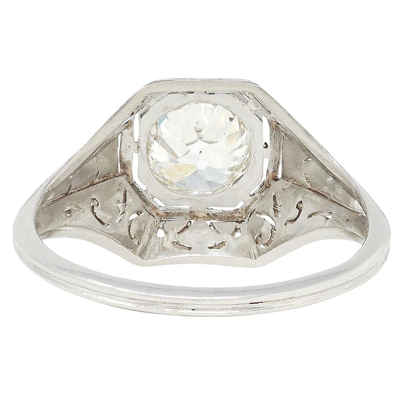 Anillo de compromiso Art Decó 0,93 CTW Diamante Mina Antigua Platino Solitario Vintage en Excelente estado para la venta en Philadelphia, PA