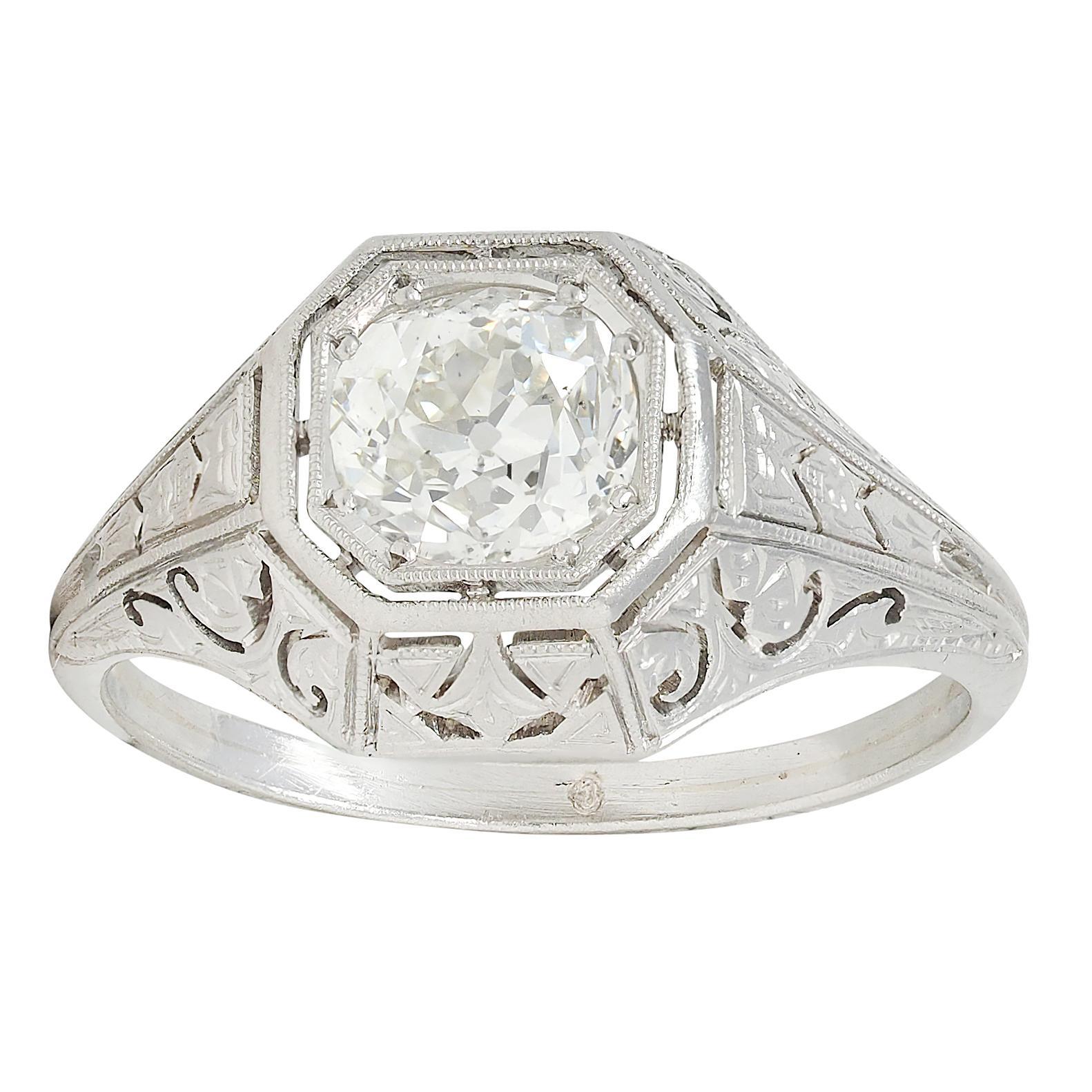 Anillo de compromiso Art Decó 0,93 CTW Diamante Mina Antigua Platino Solitario Vintage en venta 1
