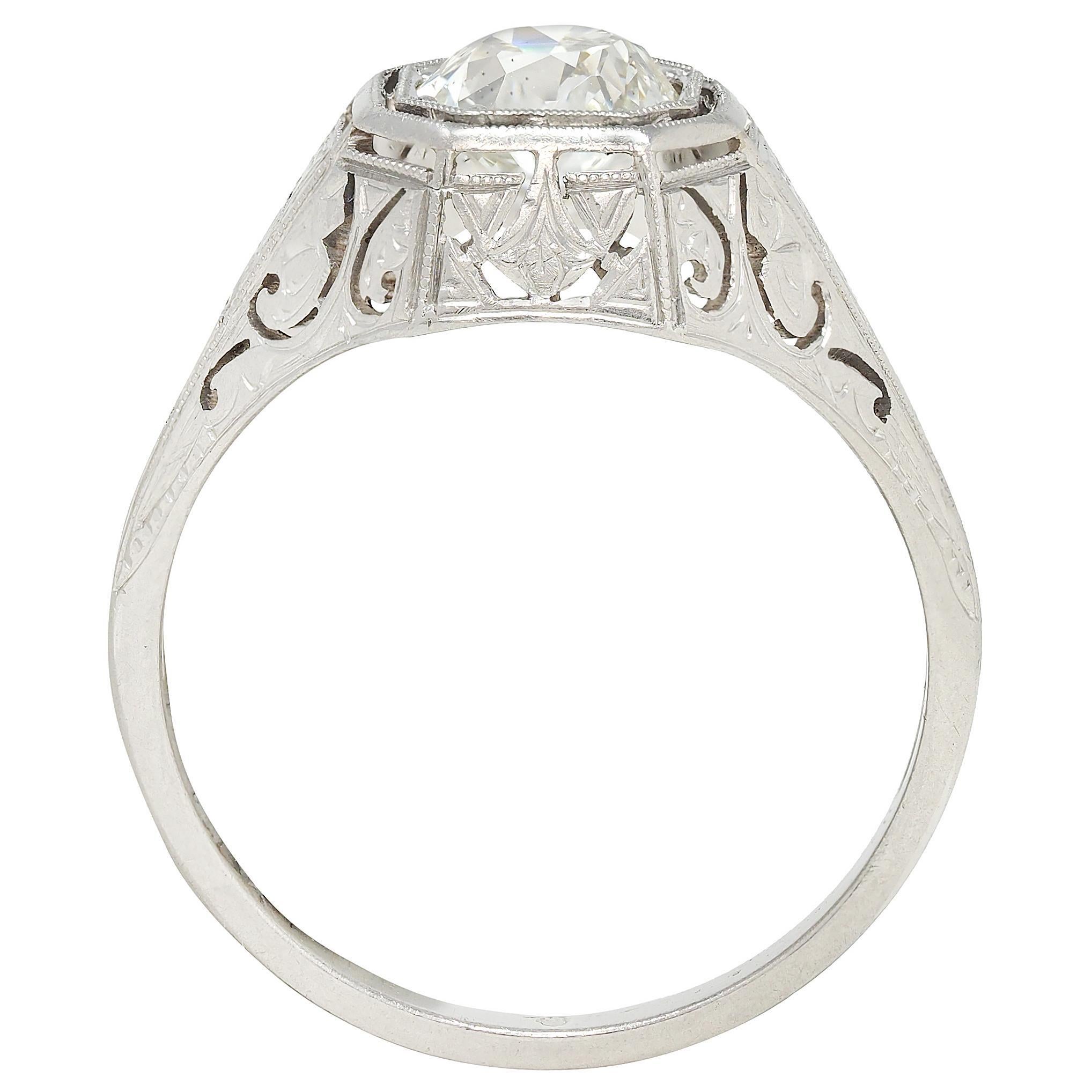 Anillo de compromiso Art Decó 0,93 CTW Diamante Mina Antigua Platino Solitario Vintage en venta 2