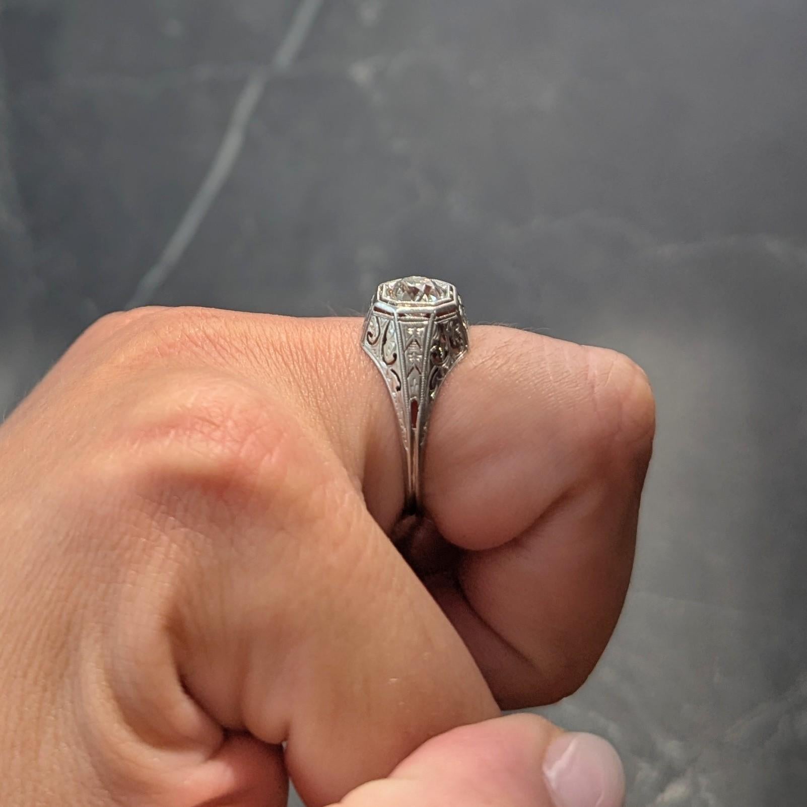 Anillo de compromiso Art Decó 0,93 CTW Diamante Mina Antigua Platino Solitario Vintage en venta 4
