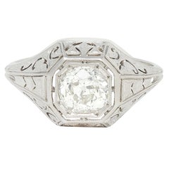 Art Deco 0.93 CTW Old Mine Diamond Platinum Vintage Solitaire Engagement Ring
