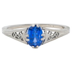 Art Deco 0.93 CTW Oval Cut Sapphire 18 Karat White Gold Vintage Lotus Ring