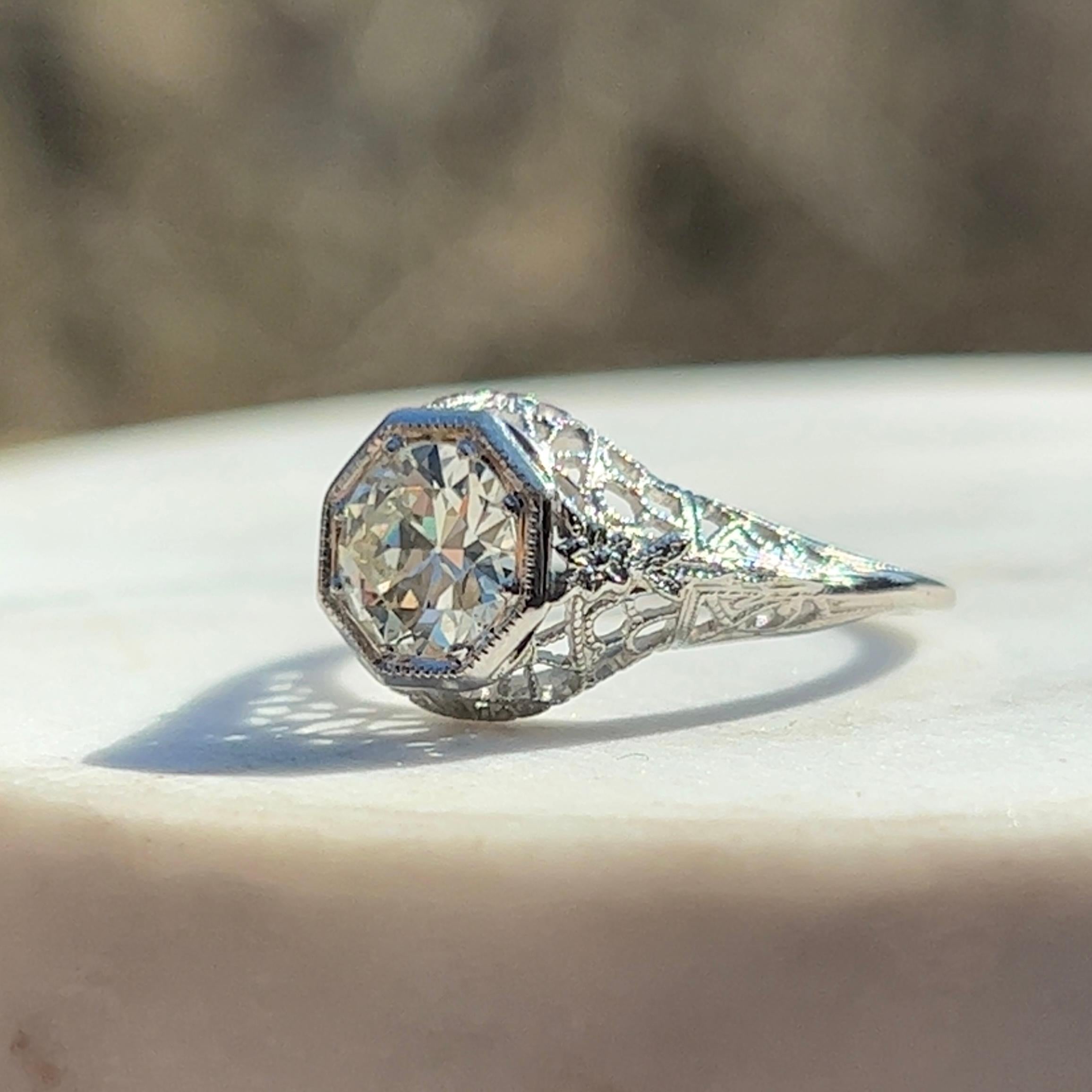 Art Deco 0.93ct Old European Cut Diamond Filigree Engagement Ring in 18k Gold  4