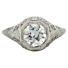Art Deco 0.93ct Old European Cut Diamond Filigree Engagement Ring in 18k Gold 
