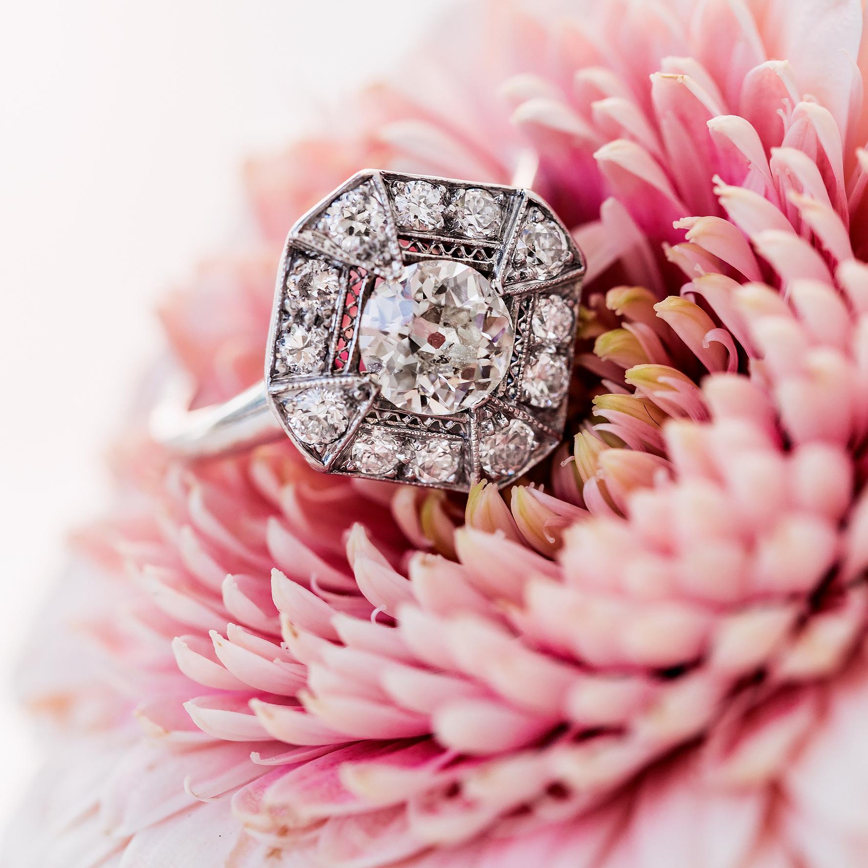 Women's Art Deco 0.94 Carat Centre Diamond Platinum Topped Engagement Ring