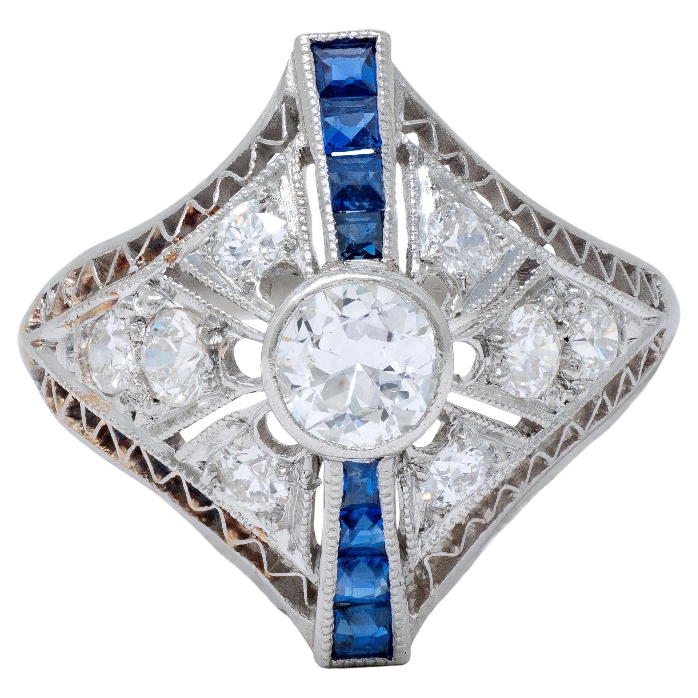 Art Deco 0.94 CTW Saphir Diamant Platin Vintage Zig-Zag Navette Dinner Ring im Angebot