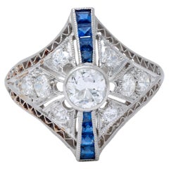 Art Deco 0.94 CTW Sapphire Diamond Platinum Vintage Zig-Zag Navette Dinner Ring