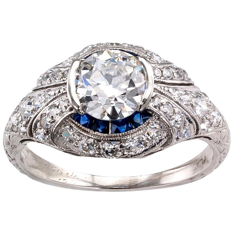 Art Deco 0.95 Carat GIA Certified Diamond Sapphire Platinum Engagement ...