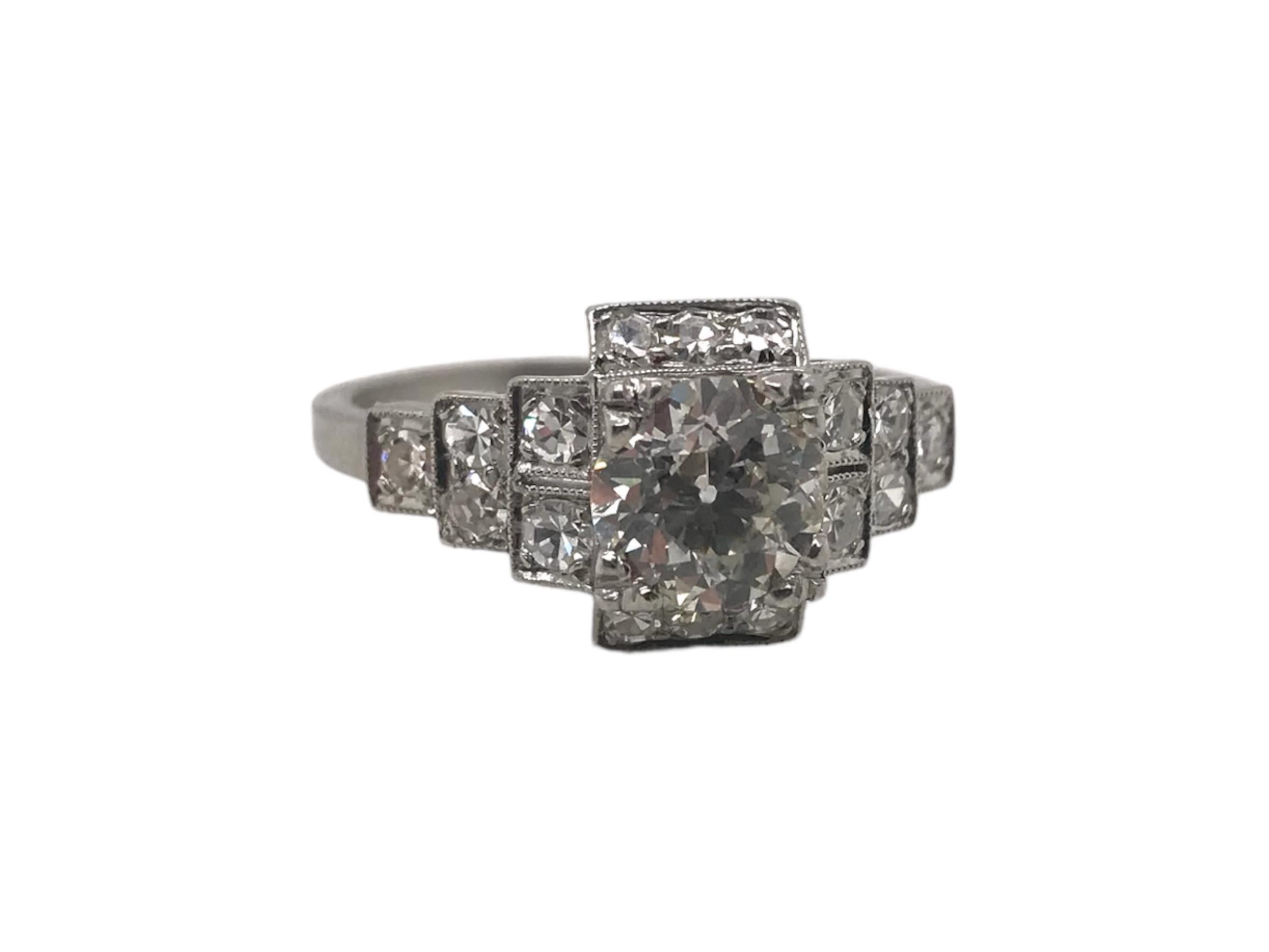 Old European Cut Art Deco 0.95 Carat Platinum Engagement Ring For Sale