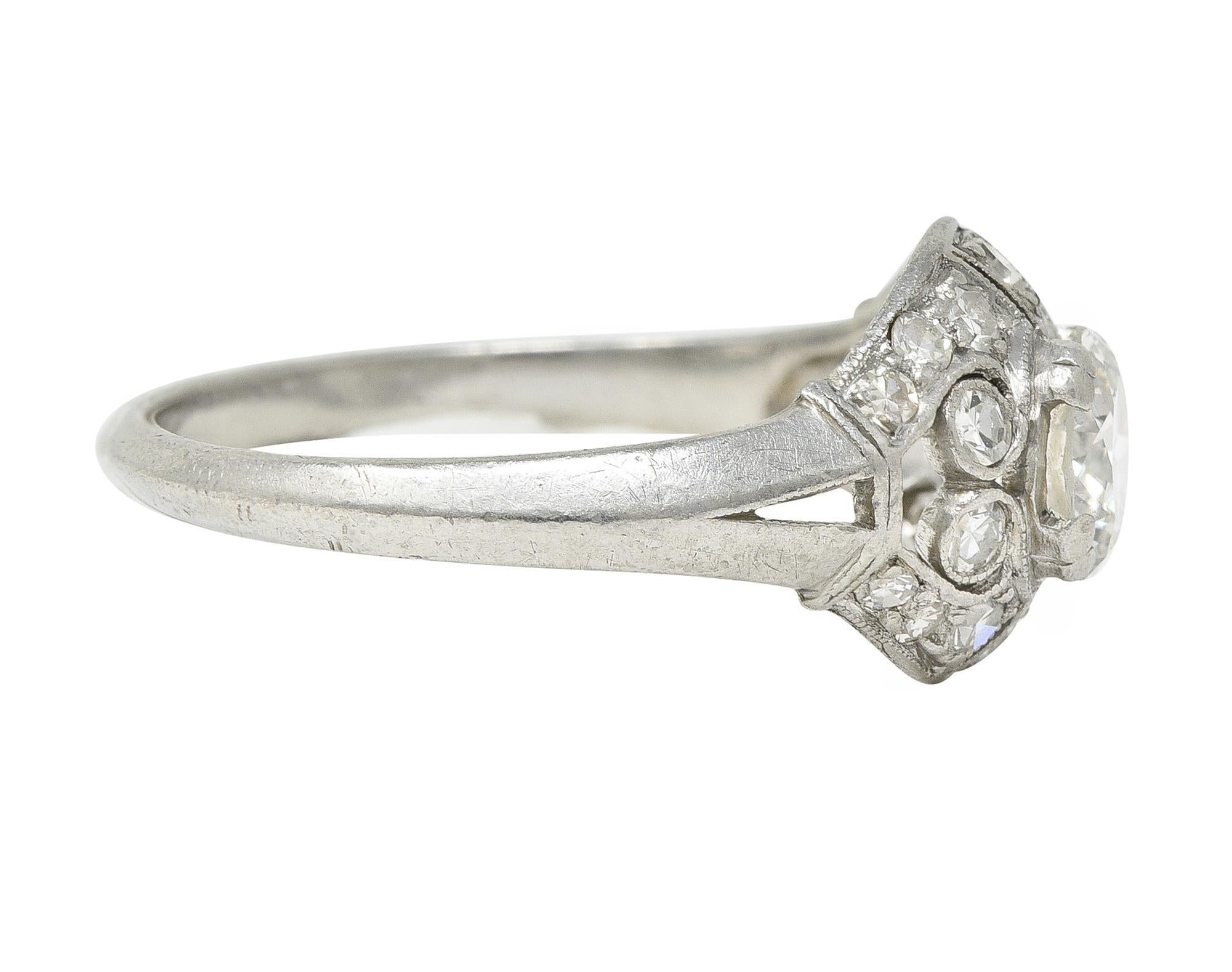 Art Deco 0.95 CTW Old European Cut Diamond Platinum Bombay Heart Engagement Ring In Excellent Condition For Sale In Philadelphia, PA