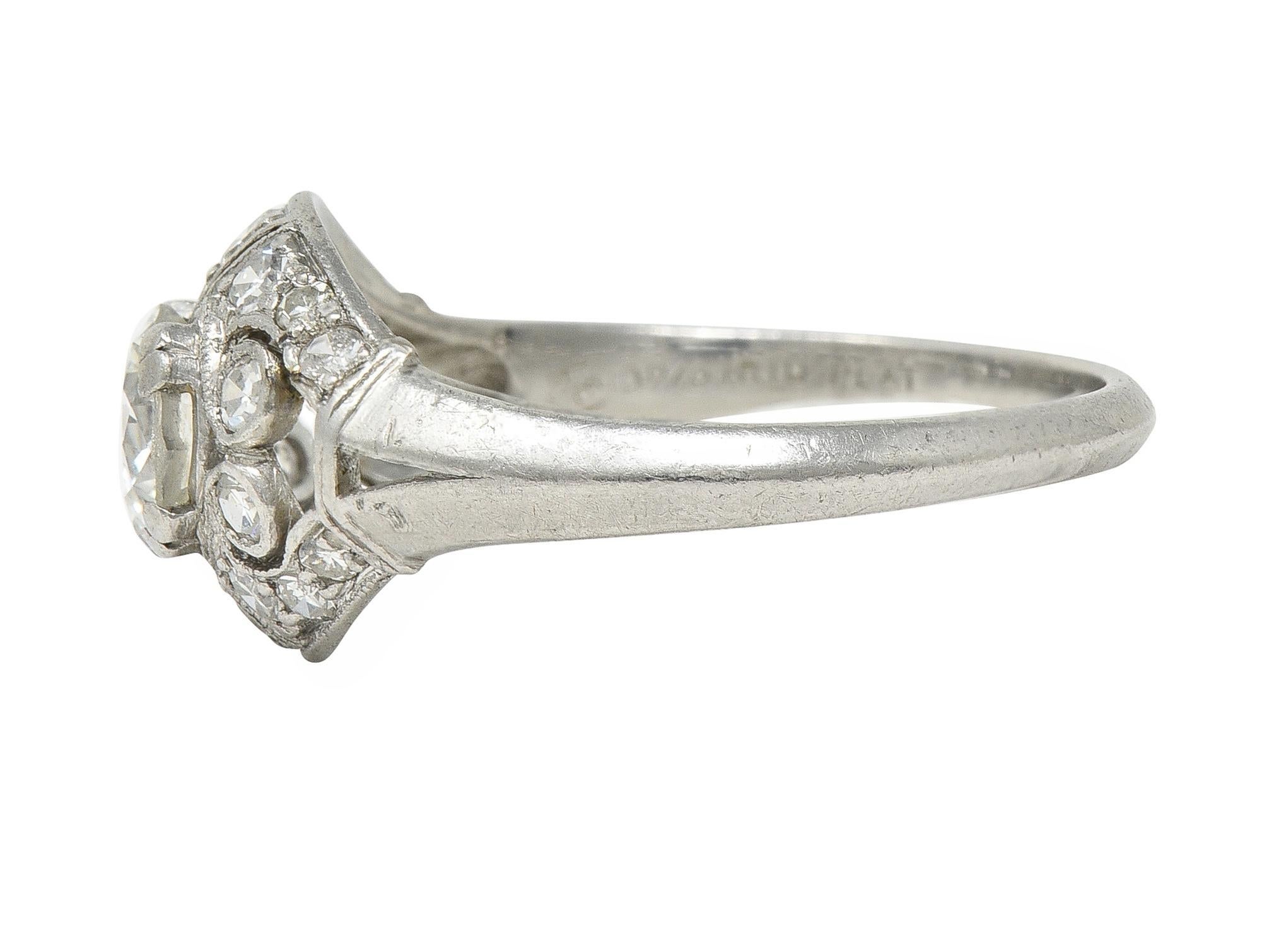 Art Deco 0.95 CTW Old European Cut Diamond Platinum Bombay Heart Engagement Ring For Sale 1