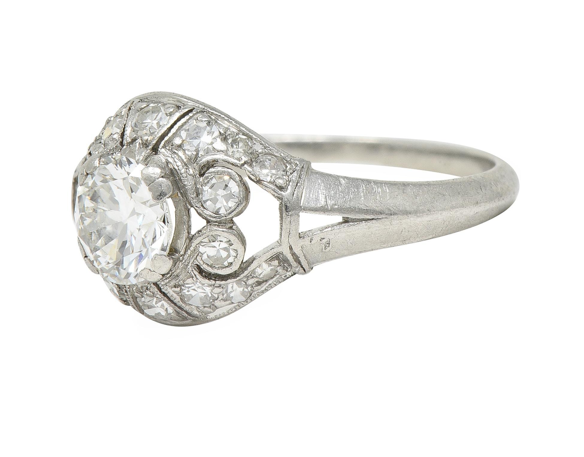 Art Deco 0.95 CTW Old European Cut Diamond Platinum Bombay Heart Engagement Ring For Sale 2