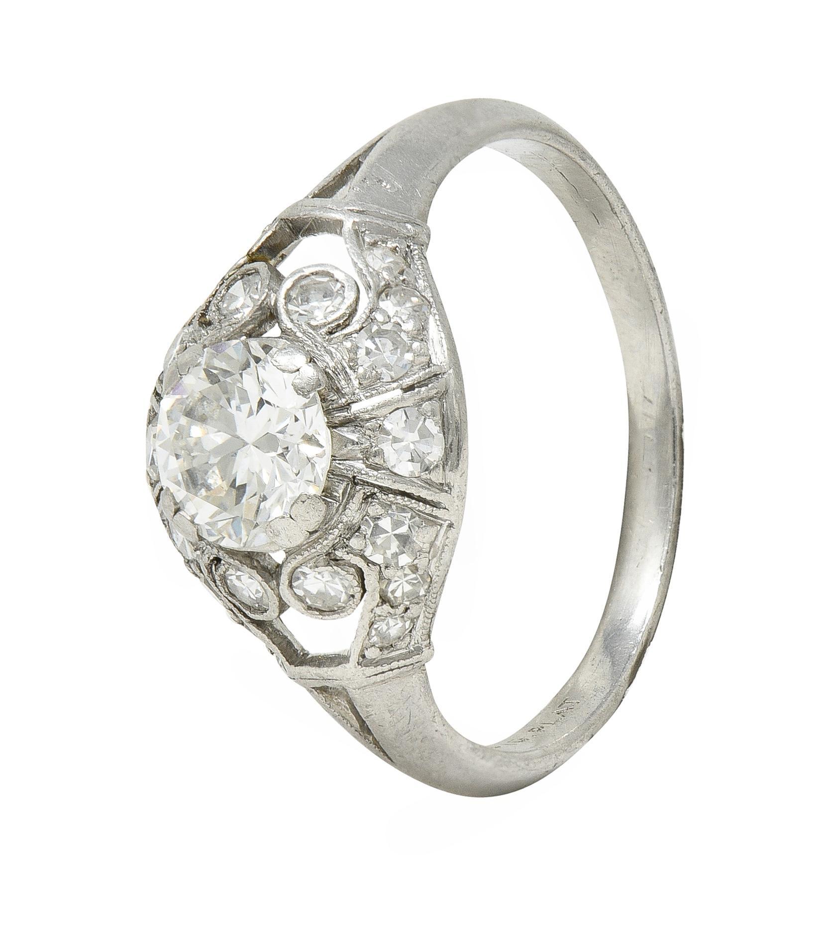 Art Deco 0.95 CTW Old European Cut Diamond Platinum Bombay Heart Engagement Ring For Sale 3