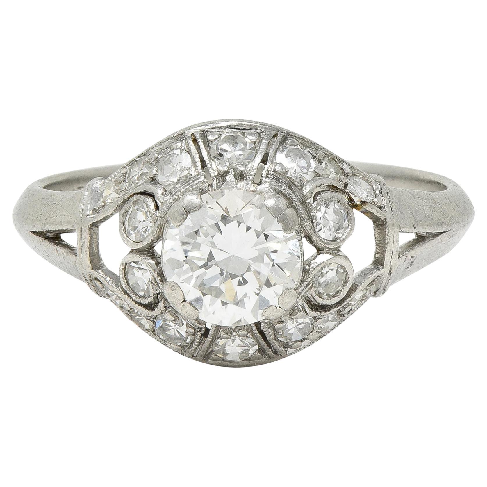 Art Deco 0.95 CTW Old European Cut Diamond Platinum Bombay Heart Engagement Ring