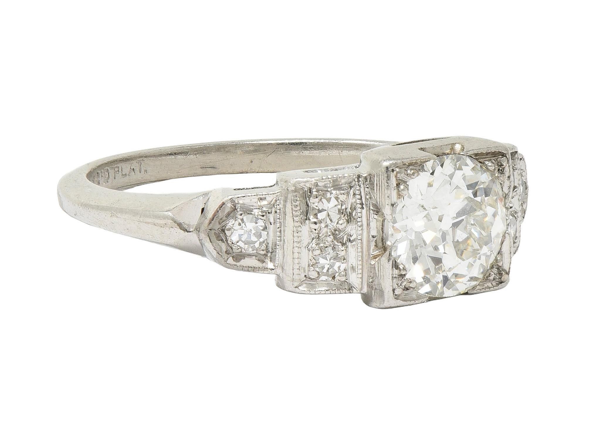 Round Cut Art Deco 0.95 CTW Old European Diamond Platinum Vintage Stepped Engagement Ring