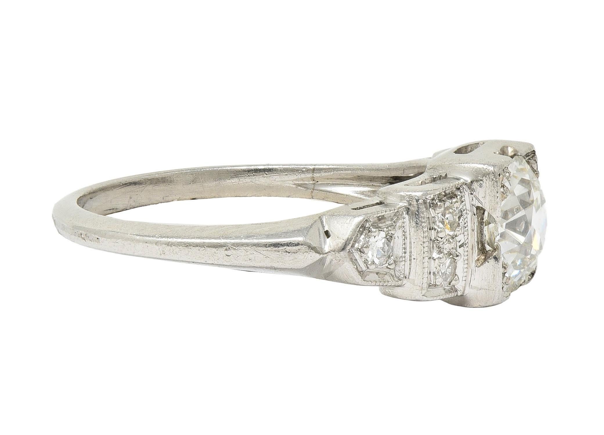 Art Deco 0.95 CTW Old European Diamond Platinum Vintage Stepped Engagement Ring In Excellent Condition In Philadelphia, PA