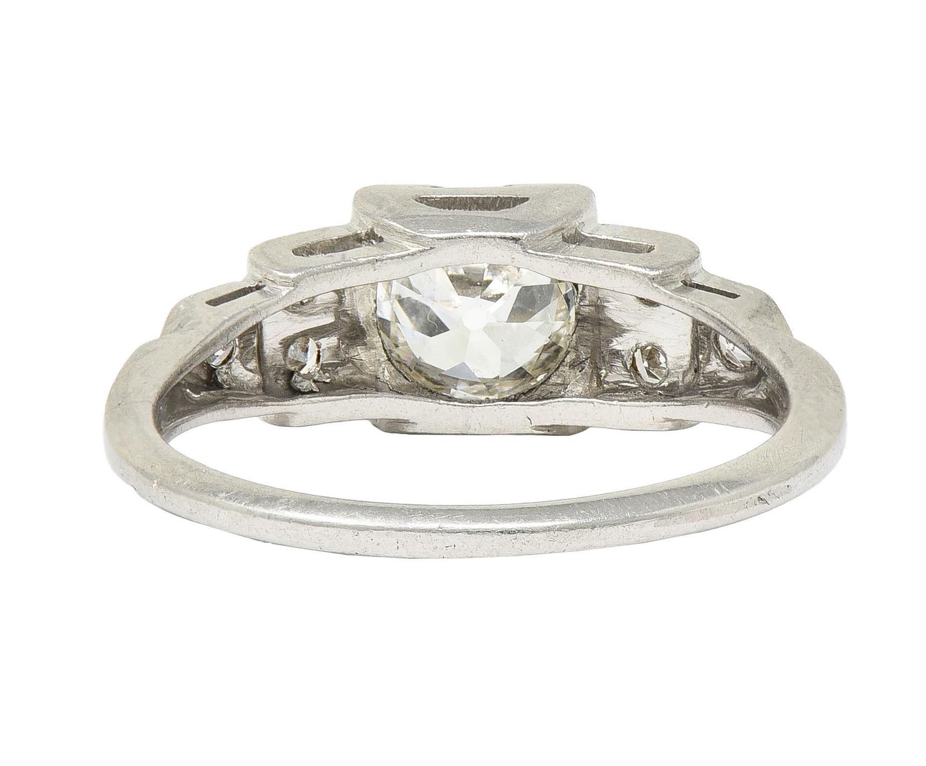 Women's or Men's Art Deco 0.95 CTW Old European Diamond Platinum Vintage Stepped Engagement Ring