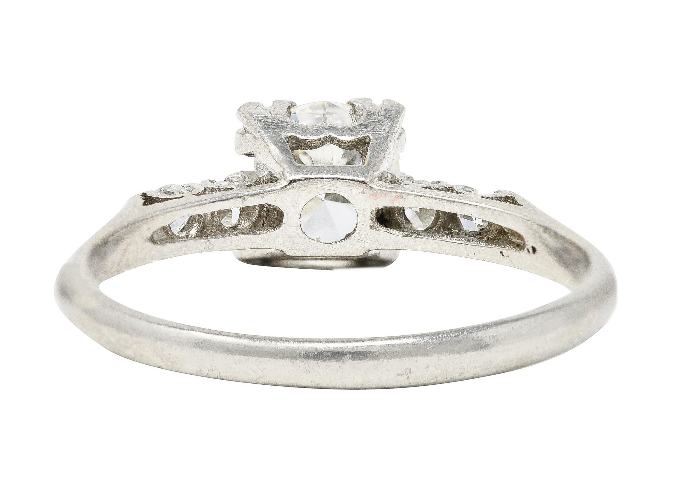Round Cut Art Deco 0.96 Carat Transitional Cut Diamond Platinum Five Stone Engagement Ring For Sale