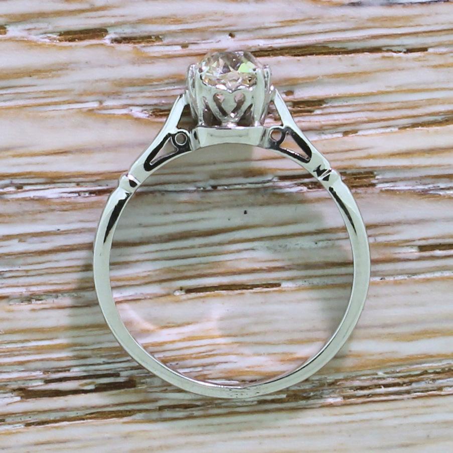 Women's Art Deco 0.96 Carat Old Mine Cut Diamond White Gold Engagement Ring