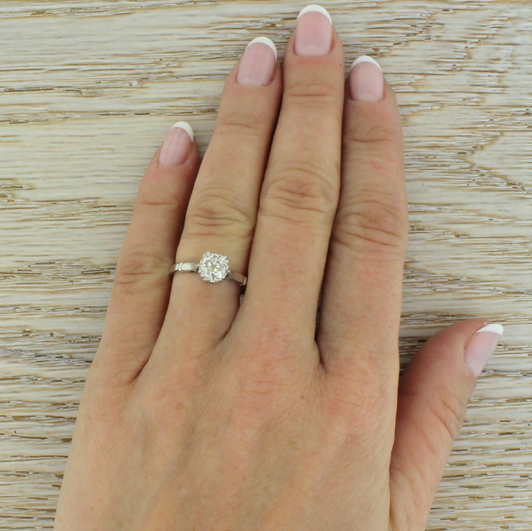 Art Deco 0.96 Carat Old Mine Cut Diamond White Gold Engagement Ring 1